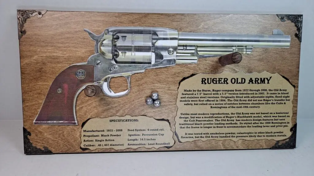 Wooden plaque with vintage revolver illustration