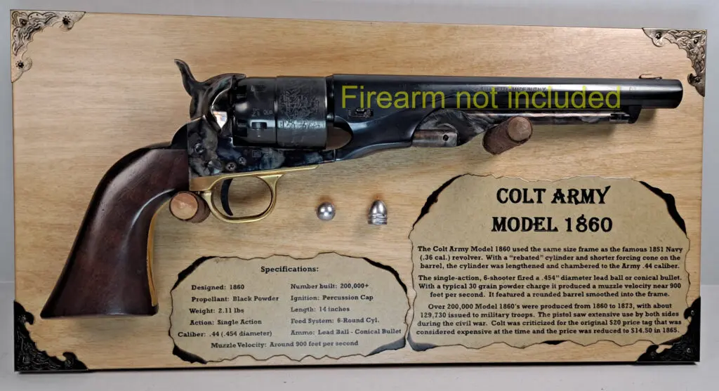 Close-up of blued revolver with wooden grips