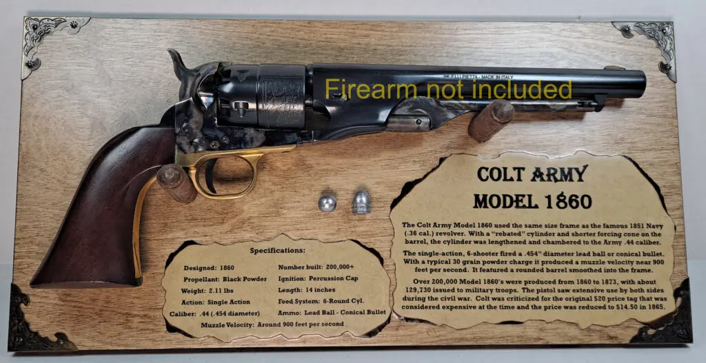 Mounted vintage revolver on wooden display plaque