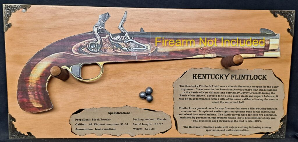 Wooden display of Kentucky flintlock replica