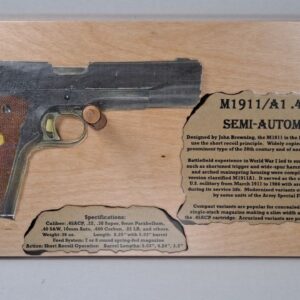 Wooden plaque displaying M1911 .45 semi-automatic pistol