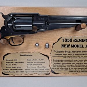 Long-barrel percussion revolver showcased on wooden plaque